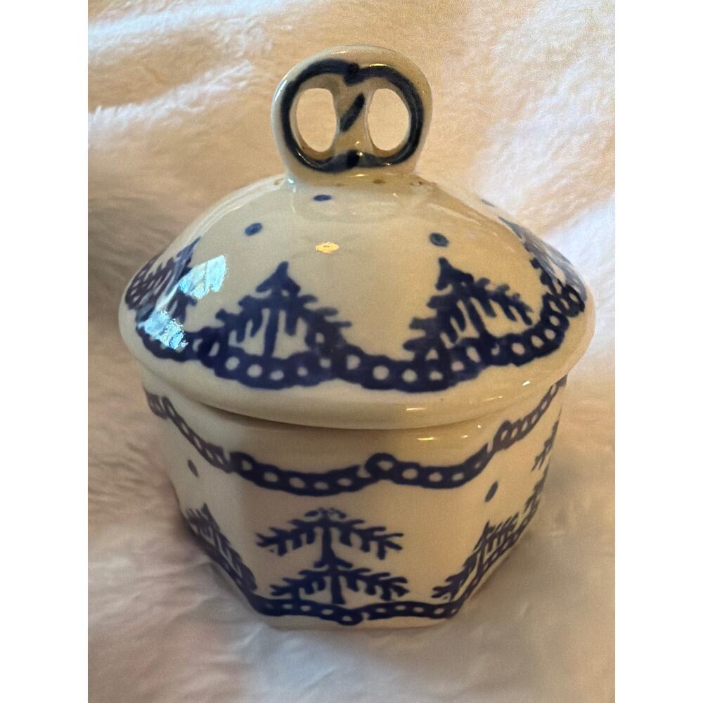 Polish Pottery Pine Tree Trinket Box Blue White Hand Painted Poland Lidded Dish